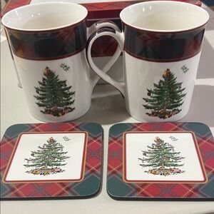 New Spode Christmas Tree Festive Plaid Christmas Tree Mugs and Coasters Set